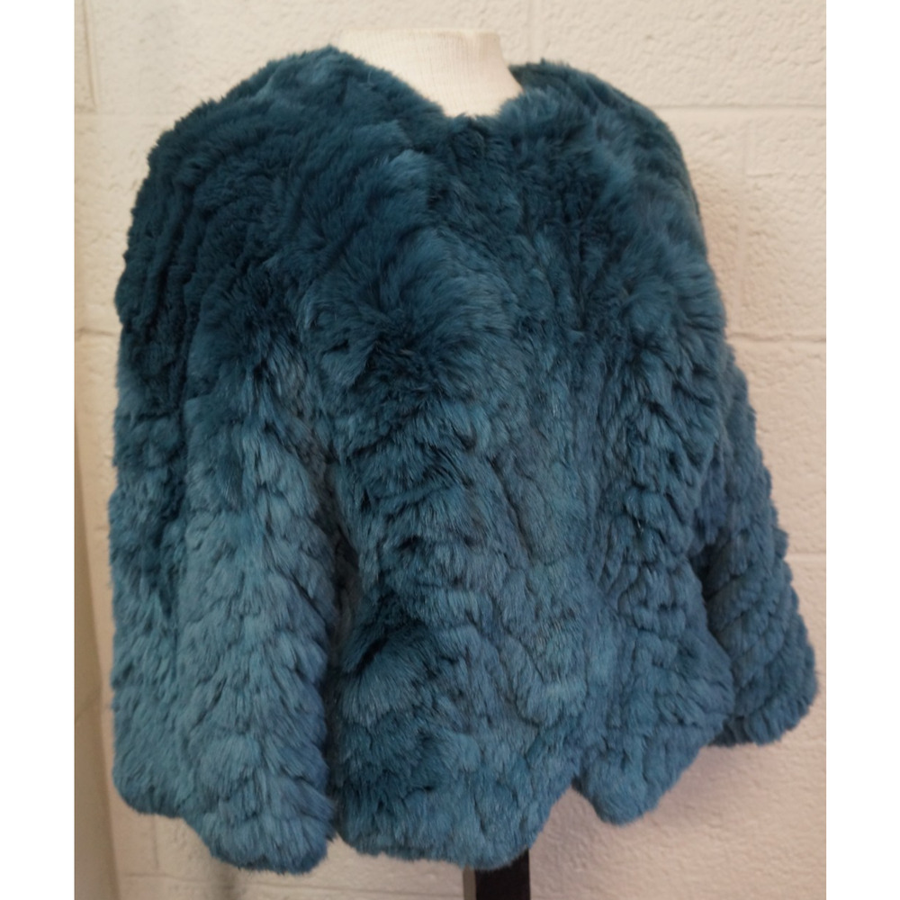 Barneys New York Teal Real Rabbit Fur Jacket Cropped Jagger Luxury Coat Size S - Picture 10 of 15